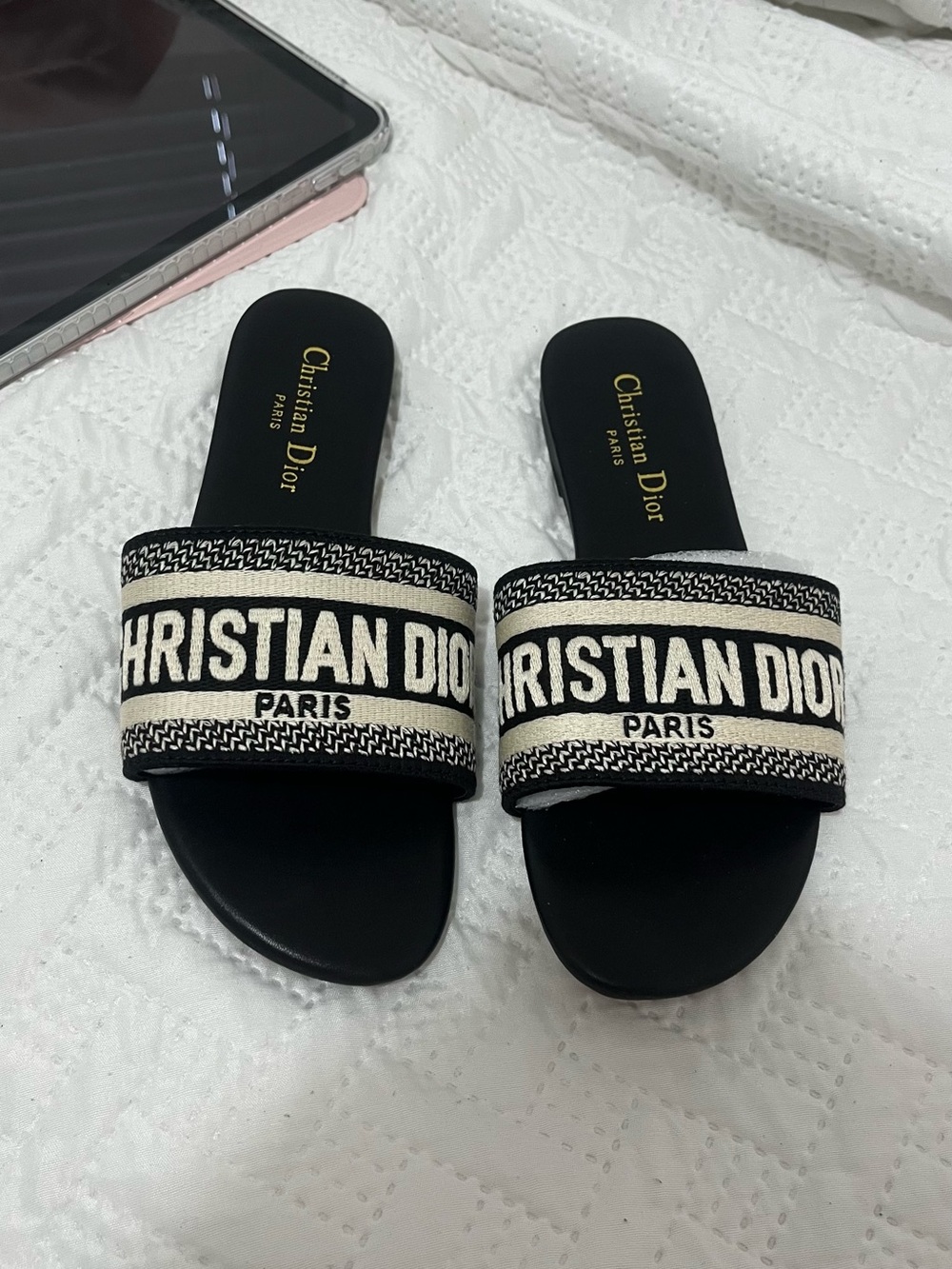 Dior Black and Cream Logo Slide Sandals